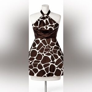 BEBE Y2K Giraffe Print Halter Dress | Brown Satin Waist | 2000s Party Mini